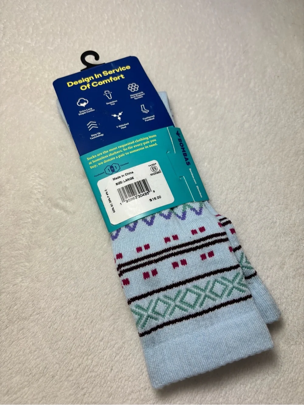 Bombas Light Blue Calf Socks with Green & Purple Pattern Size L